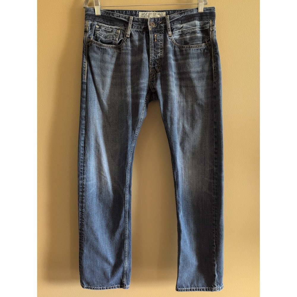 Replay Newbill Jeans Men's 34 x 34 Tag Straight‎ Fit Button Fly Med Blue Denim